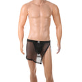 Men's mesh G-string skirt by CJ featuring a high slit, side open design, and transparent fabric with a sexy, daring style.
