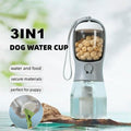 Portable cj dog water bottle with food container and waste bag dispenser, ideal for outdoor adventures.