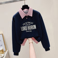 Notched Collar Faux Two Piece Sweatshirt For Women Loose Fitting Top - whimsywagon