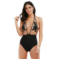 Embossed Siamese bikini lingerie with embroidered halter design by CJ, featuring intricate details and a sexy fit.