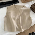 Womens Knitted V Neck Vest With Small Gold Buttons Single Breasted Cardigan Top - whimsywagon