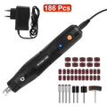 cj 186-piece rotary tool kit with electric grinder showing sanding, polishing, and engraving attachments for DIY crafts.