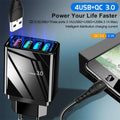 cj Fast 4-Port USB Wall Charger with illuminated ports and 3A charging capacity for multiple devices simultaneously.