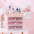 Clear cosmetic storage box by CJ, desktop organizer for makeup, jewelry, lipsticks, and beauty accessories in a transparent design.