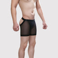Front view of men's CJ Perspective Mesh Bulging Ice Silk Pouch Boxer briefs revealing the sexy buttock area.