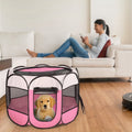 Portable pet playpen tent by CJ, foldable with removable top, water-resistant, available in pink or blue for indoor and outdoor use.