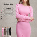 Long Sleeve Dress with High Slit - Women's Elegant Sheath