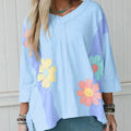 Oversized Light Blue T-Shirt with Floral Patches & Exposed Seams | Bracelet Sleeve Top for Women