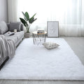 Soft white and red rectangular Nordic fluffy carpet rug by CJ, anti-slip plush design for bedroom or living room.