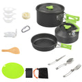 Camping cookware set by cj with 16 lightweight aluminum pots, pans, and utensils for outdoor hiking and picnic cooking.