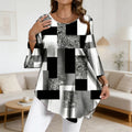 Black & White Patchwork Print Bell Sleeve Asymmetric Hem Loose Top - whimsywagon