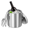 Stainless Steel Insulated Ice Bucket, 3L - Double-Wall Design with Lid, Scoop, and Strainer - whimsywagon
