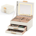 LED Mirror Jewelry Box - 3-Layer Organizer with 2 Drawers, Dimmable Lights & PU Leather Finish - whimsywagon