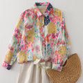 Cotton Linen Floral Print Long Sleeve Blouse For Women - whimsywagon