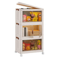 cj foldable storage bins with lids and wheels, 3-pack, featuring magnetic front doors and collapsible design for easy organization.