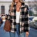 Womens European And American-style Tartan-patterned Lapel Flannel Coat