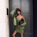 Retro PU Leather Jacket & Strapless Dress Set | Sexy Two-Piece Outfit