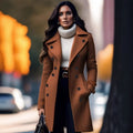 Elegant women's double-breasted woolen coat in solid color by CJ, showcasing a stylish design and sophisticated look.