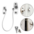Child safety window lock with cable restrictor chain, designed to secure doors and windows for home protection.