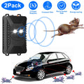 CJ Car & Home Rodent Repellent 2-pack ultrasonic deterrent showing portable device with three power modes for engine bays and garages.