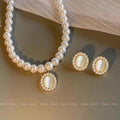 French Retro Jewelry Set - Cat Eye Stone & Pearl Necklace and Earrings