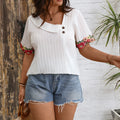 V Neck Loose-fitting Pullover Top With Embroidered Trim And Short Sleeves For Women