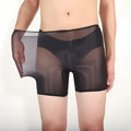 Men's ultra-thin shiny transparent stockings from cj, paired with boxer briefs, displayed in a clear bag.