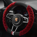 CJ universal plush steering wheel cover with cute footprint pattern, soft warm fabric, anti-slip grip, fits 38cm winter steering wheels.