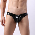 Men's faux leather briefs with patent leather finish, low waist design, U convex front, by CJ.