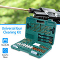 Universal gun cleaning kit by cj with brushes, mops, and rods in a carry case for rifles, pistols, handguns, and shotguns.