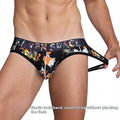 Men's thong made of breathable mesh and ice silk with printed design by CJ, showcasing lightweight, comfortable underwear.