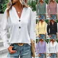 V-Neck Long Sleeve Top - Solid Color with Button Detail