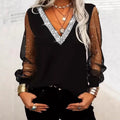 Sequined V-neck Mesh Long-sleeve Casual T-shirt Top - whimsywagon
