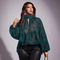 Plus-size Floral Sheer Long-sleeve Scarf-collar Chic Workwear Shirt - whimsywagon