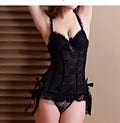Elegant erotic lingerie set by CJ featuring lace and satin details, displayed on a model with intricate design elements visible.