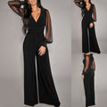 Wide Leg Romper - V-Neck Mesh Long Sleeve with Rivet Detail