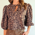 Brown Leopard Bow Tie Puff Sleeve Blouse - whimsywagon