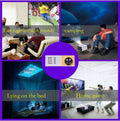 CJ YG300 Mini Projector displaying a home theater scene with HDMI and USB connections, compact HD LED portable projector.