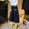 Printed Utility Overalls Versatile Straight-leg Cropped Denim Shorts - whimsywagon