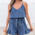 Ashleigh Blue Chambray Romper - V-Neck with Spaghetti Straps & Ruffle Hem