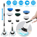 Electric Spin Scrubber by CJ with 8 cleaning heads, cordless rechargeable brush, telescopic arm, and two-speed settings for bathroom cleaning