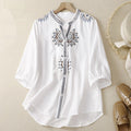 Retro Relaxed Fit Embroidered Floral Shirt With A Stand Up Collar And Three Quarter Length Sleeves - whimsywagon