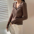 Ribbed V-Neck Pullover - Women's Solid Color Vertical Stripe Sweater