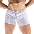 Men's fitness tight lace-up striped shorts by CJ, showing the sporty design and comfortable fit on a model.