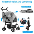 CJ pet stroller for dogs and cats with 4 wheels, foldable design, removable liner, and storage basket for small pets.