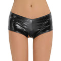 Faux leather crotchless mini shorts by CJ, featuring a sleek, provocative design with cutout details and a shiny black finish.