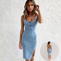 Women’s CJ denim suspender dress with U-neck, slit detail, casual slim fit summer dress, featuring adjustable suspenders and denim fabric.