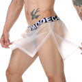 Men's transparent PVC mini skirt pants by CJ with side openings, showcasing a sexy, edgy style with a fitted design.