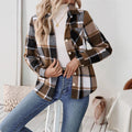 Wool Blend Plaid Top - Long Sleeve Shirt Jacket for Women