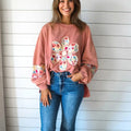 Peach Blossom Sweatshirt - Floral Applique Oversized Pullover | Women's Baggy Cropped Knit Top